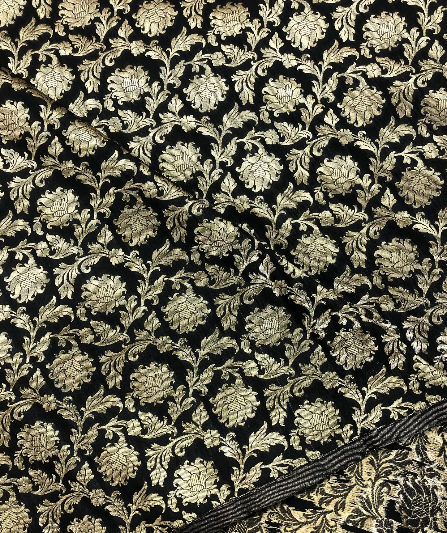 Black gold banarasi brocade fabric, Wedding inspiration, Damask jacquard brocade, Floral brocade, Home décor fabric - NFAF184
