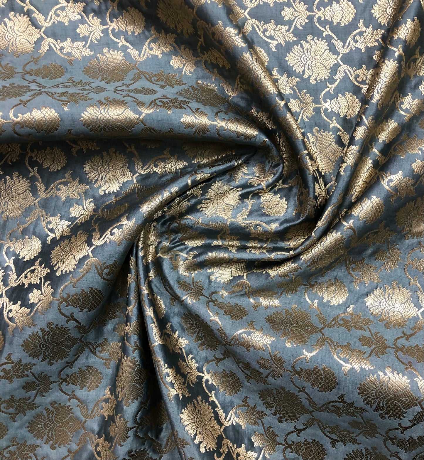 Indian Banarasi Brocade Fabric, Grey and gold Satin brocade fabric, Jacquard fabric, Wedding fabric, Fabric by the yard/meter - NFAF573