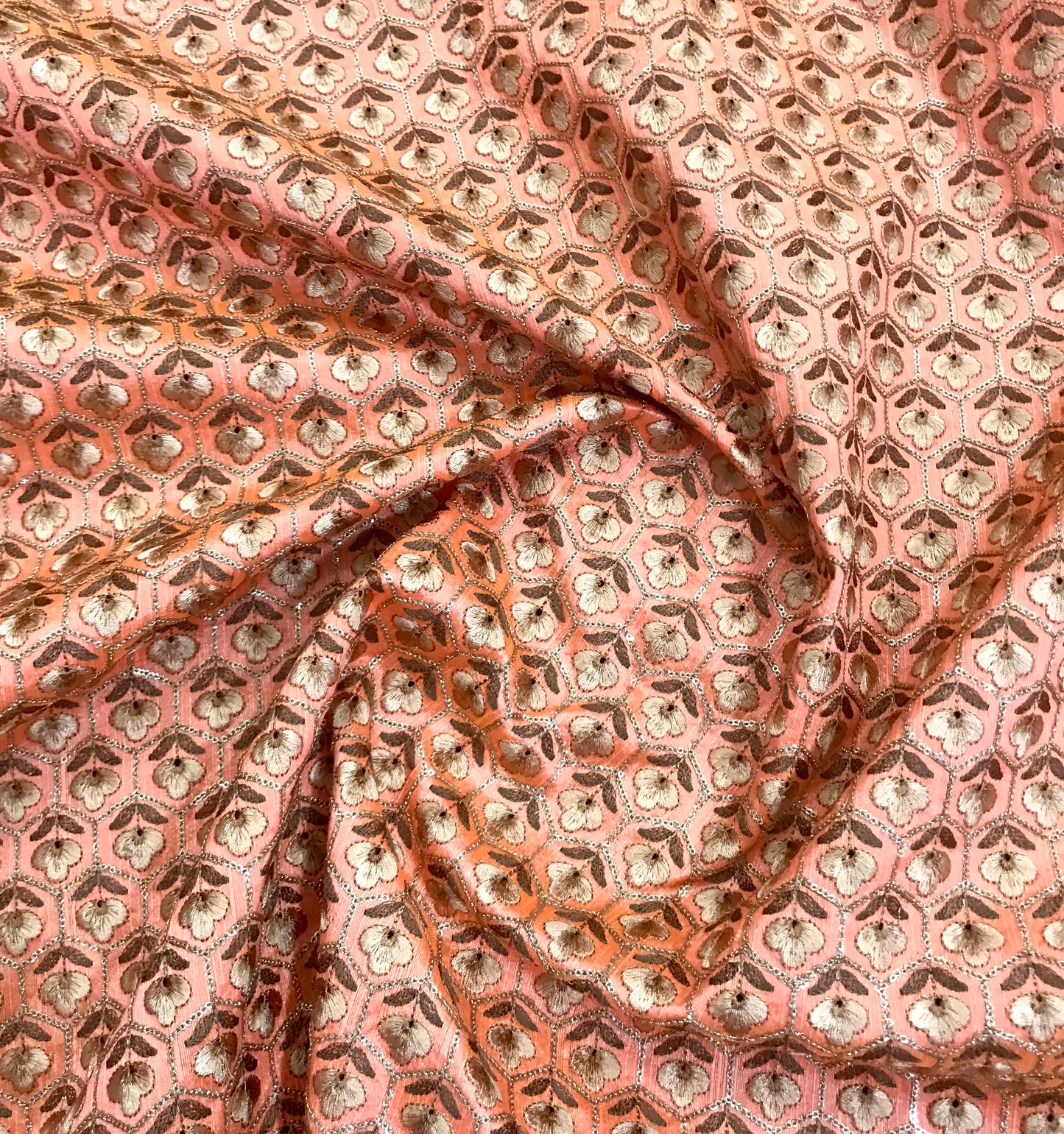 Orange embroidered fabric, Wedding dress, Vintage fabric, Bridesmaid dress, Thread embroidery, Fashion fabric, Handmade - NFAF826