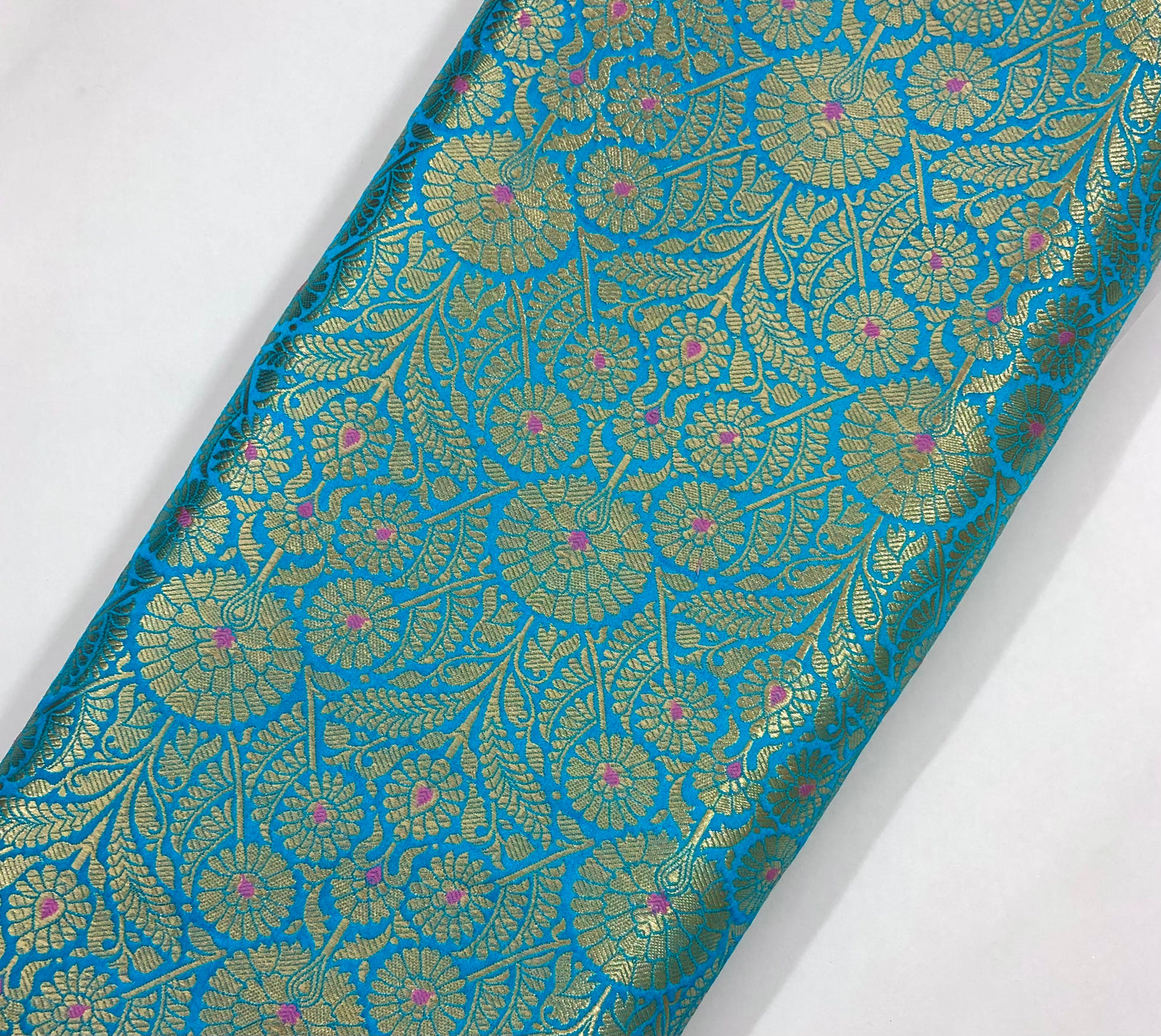 Indian Banarasi Brocade Fabric, Blue Gold Jacquard fabric, Floral brocade, Rayon silk brocade, Fabric by the yard/meter - NFAF1091