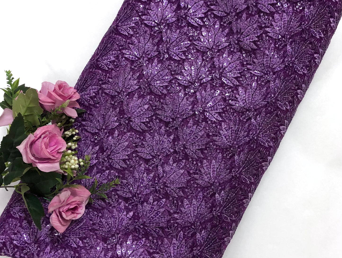 Lavender embroidered fabric, Tulle Mesh Fabric, Bridal Wedding Fabric, Bridesmaid dress, Thread embroidery, Luxury fabric, Handmade - NFAF1065