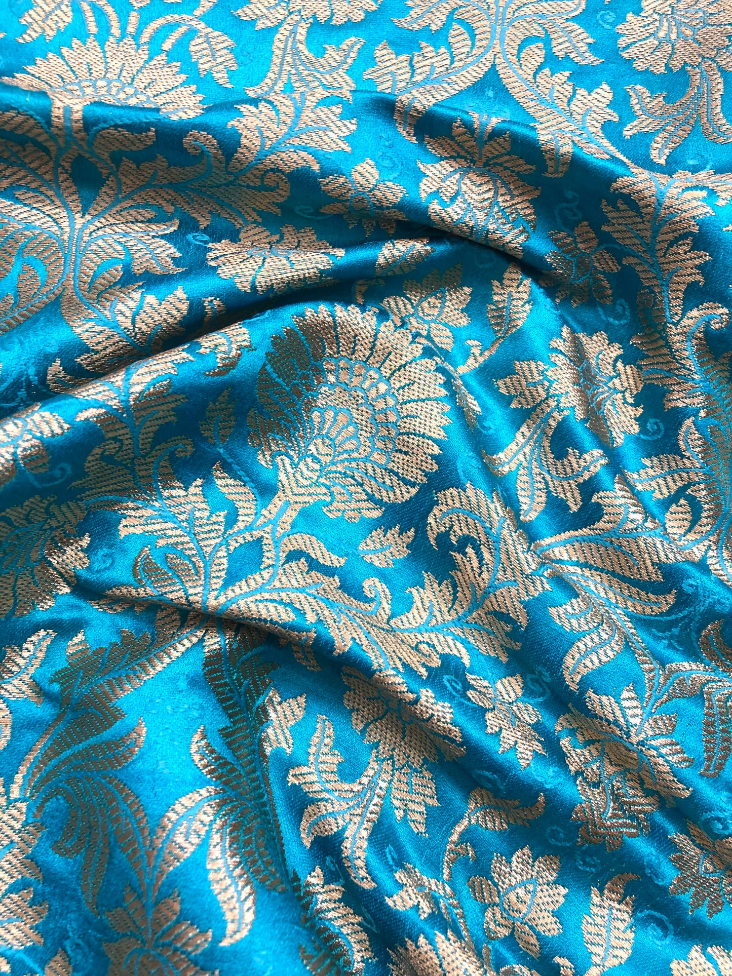 Banarasi Brocade Fabric, Blue Gold Jacquard fabric, Home décor fabric, Floral brocade, Fabric by the yard/meter - NFAF604