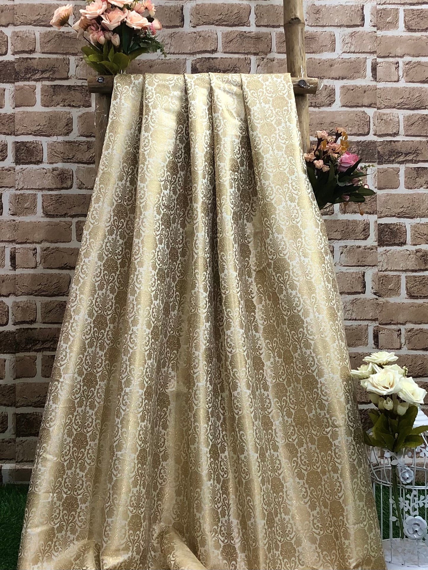 Banarasi Brocade fabric, White Gold Wedding inspiration fabric, Damask jacquard brocade, Gothic fabric, Renaissance fabric - NFAF568
