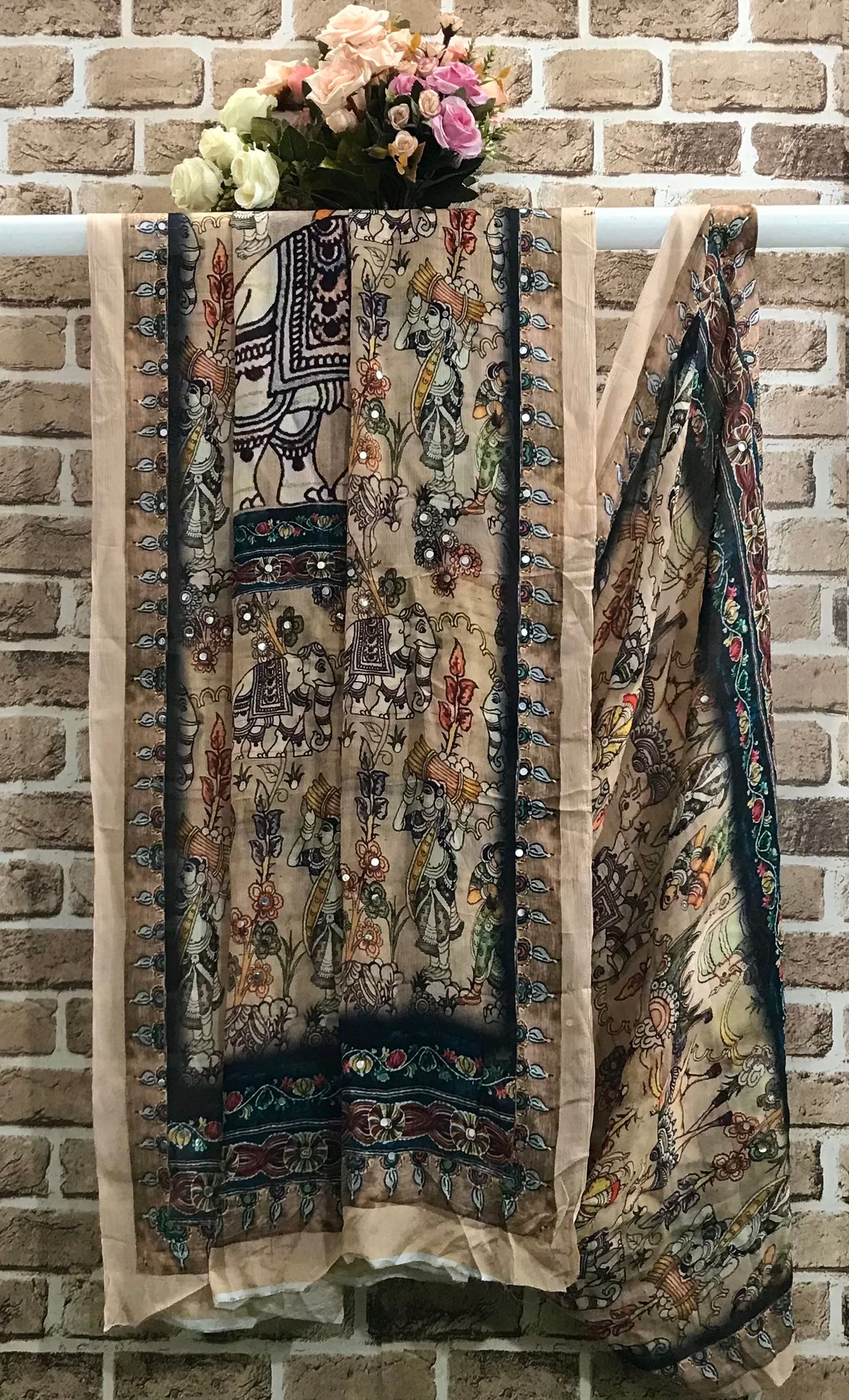 Kalamkari Indian Dupatta for Women, Stole, Scarf, Shawl, abaya, Embroidered Indian Chunni, DP2011