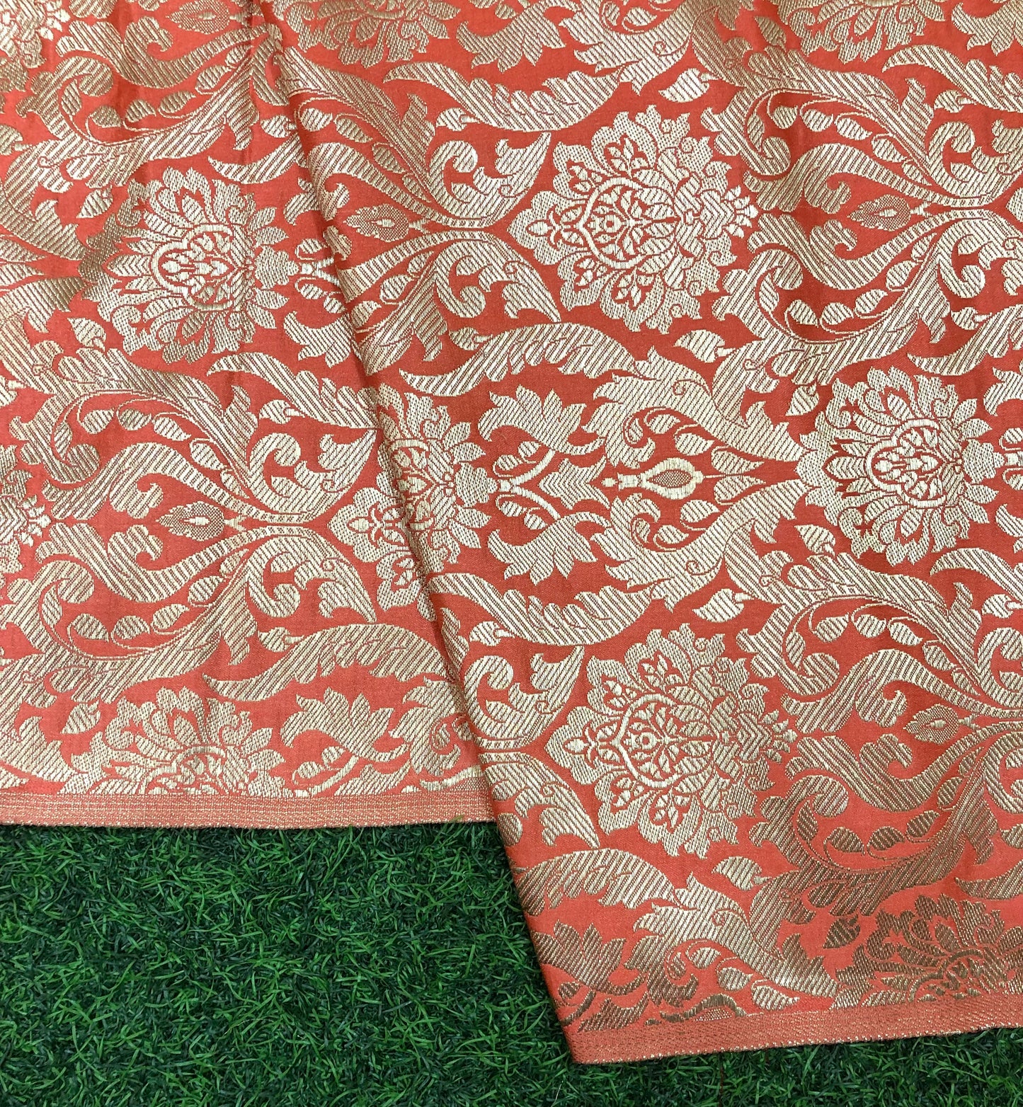 Banarasi brocade fabric, Orange coral gold Rayon silk brocade, Home décor fabric, Flower brocade, Brocade Dress, Wedding inspiration, Brokat stoff - NFAF666