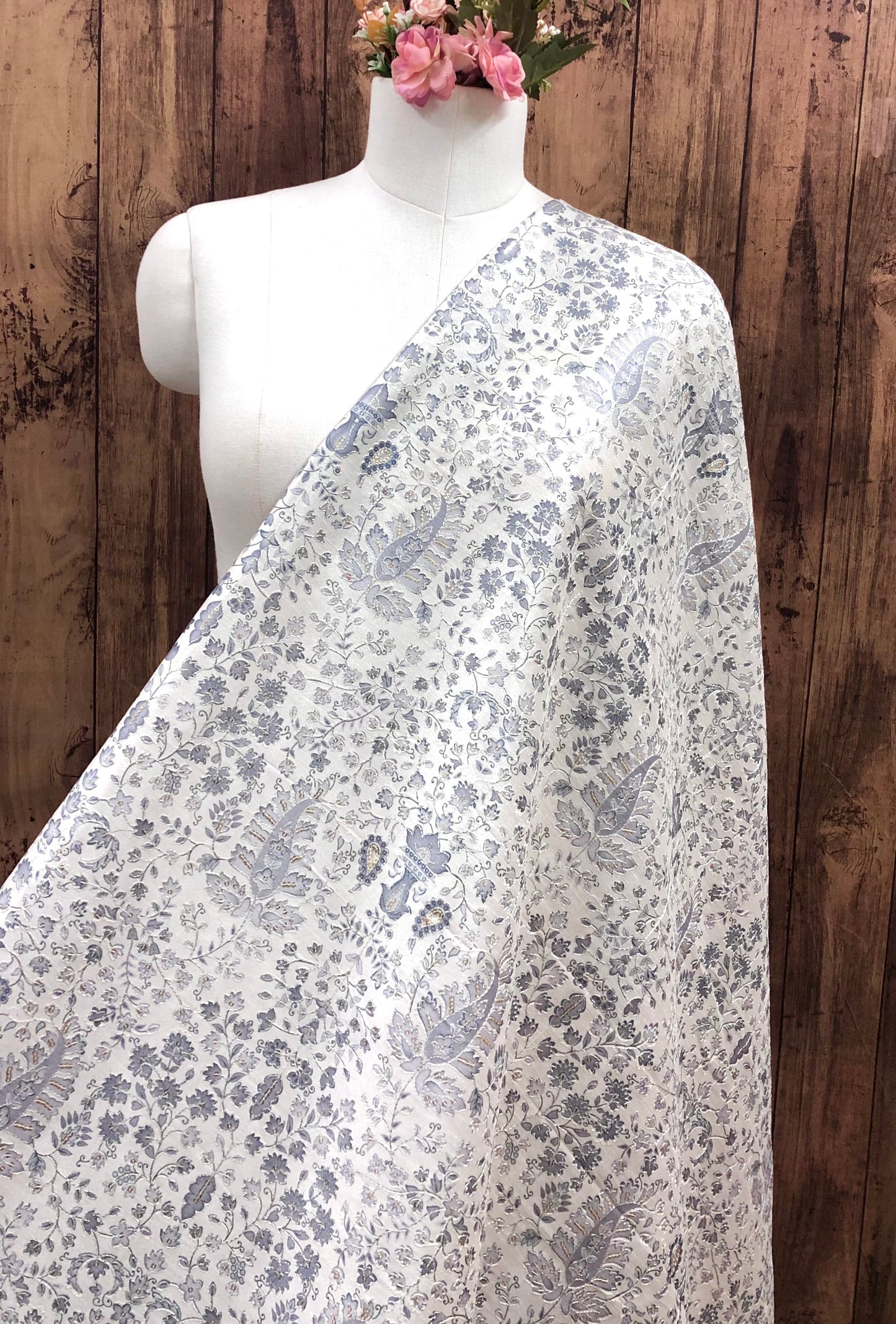Gray off-White Embroidered fabric Silver Embroidery Printed Fabric Dupioni Silk Wedding Dress Fabric Gown Fabric by the yard - NFAF645
