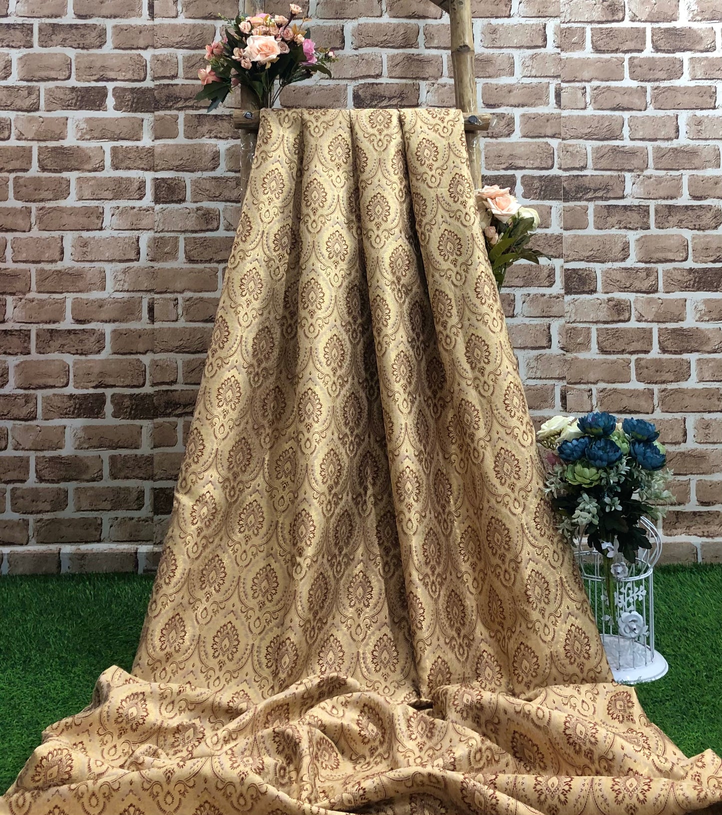 Indian banarasi brocade fabric, Beige maroon damask jacquard brocade fabric, Rayon silk brocade, Historical fabric, Gold fabric - NFAF860