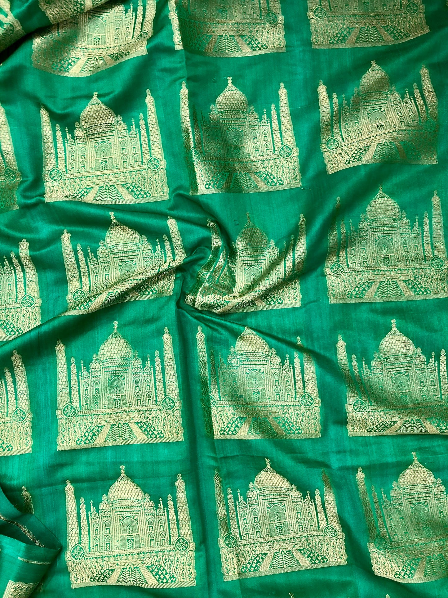 Brocade fabric Green Gold Jacquard Fabric Brocade Taj Mahal Motif Wedding Dress Bridal Brocade Upholstery Home Decor fabric - NFAF75
