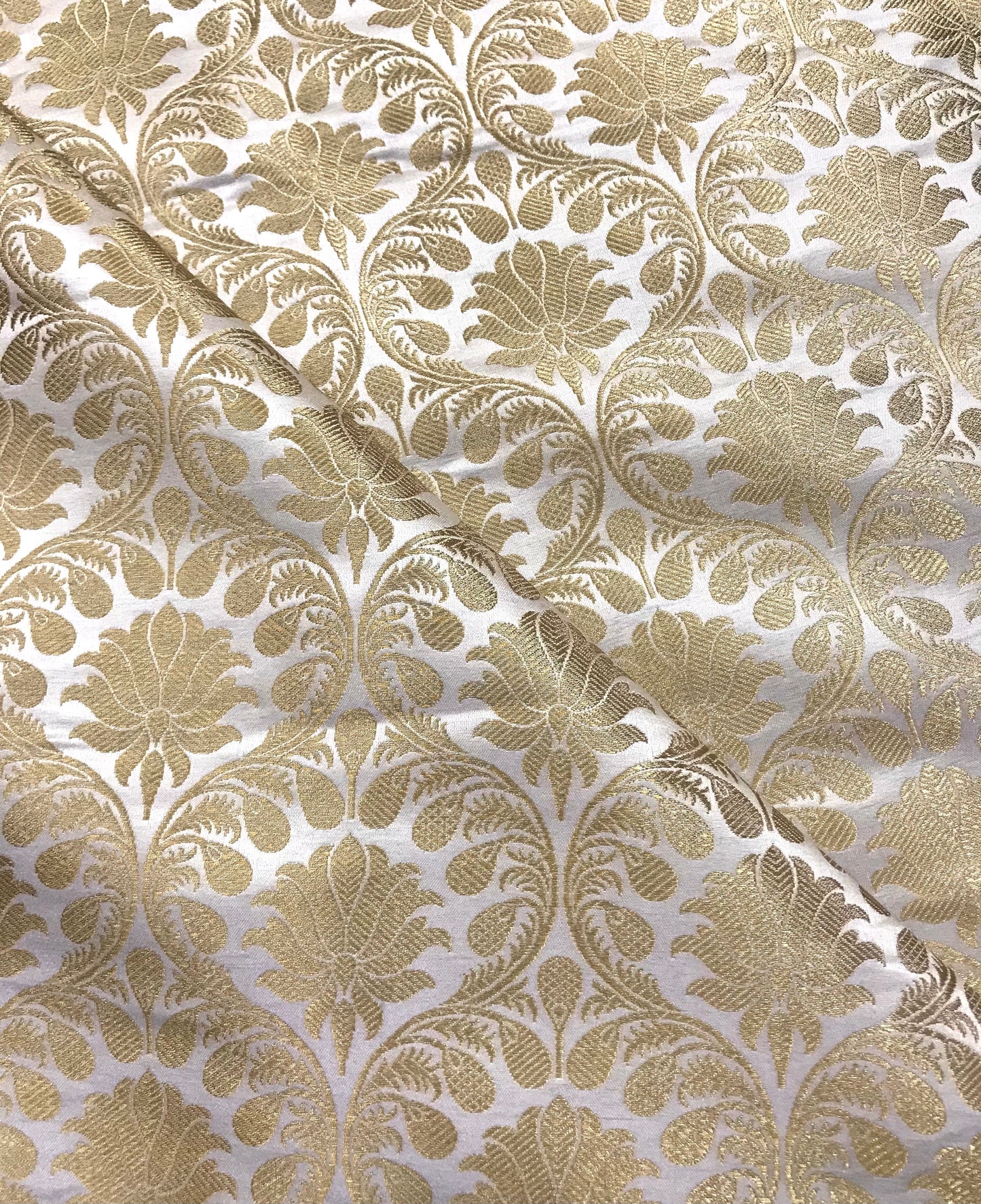 Indian Brocade fabric Jacquard Damask White Gold Wedding Bridal silk brocade Designer Upholstery Decor Brocade fabric by the yard - NFAF623