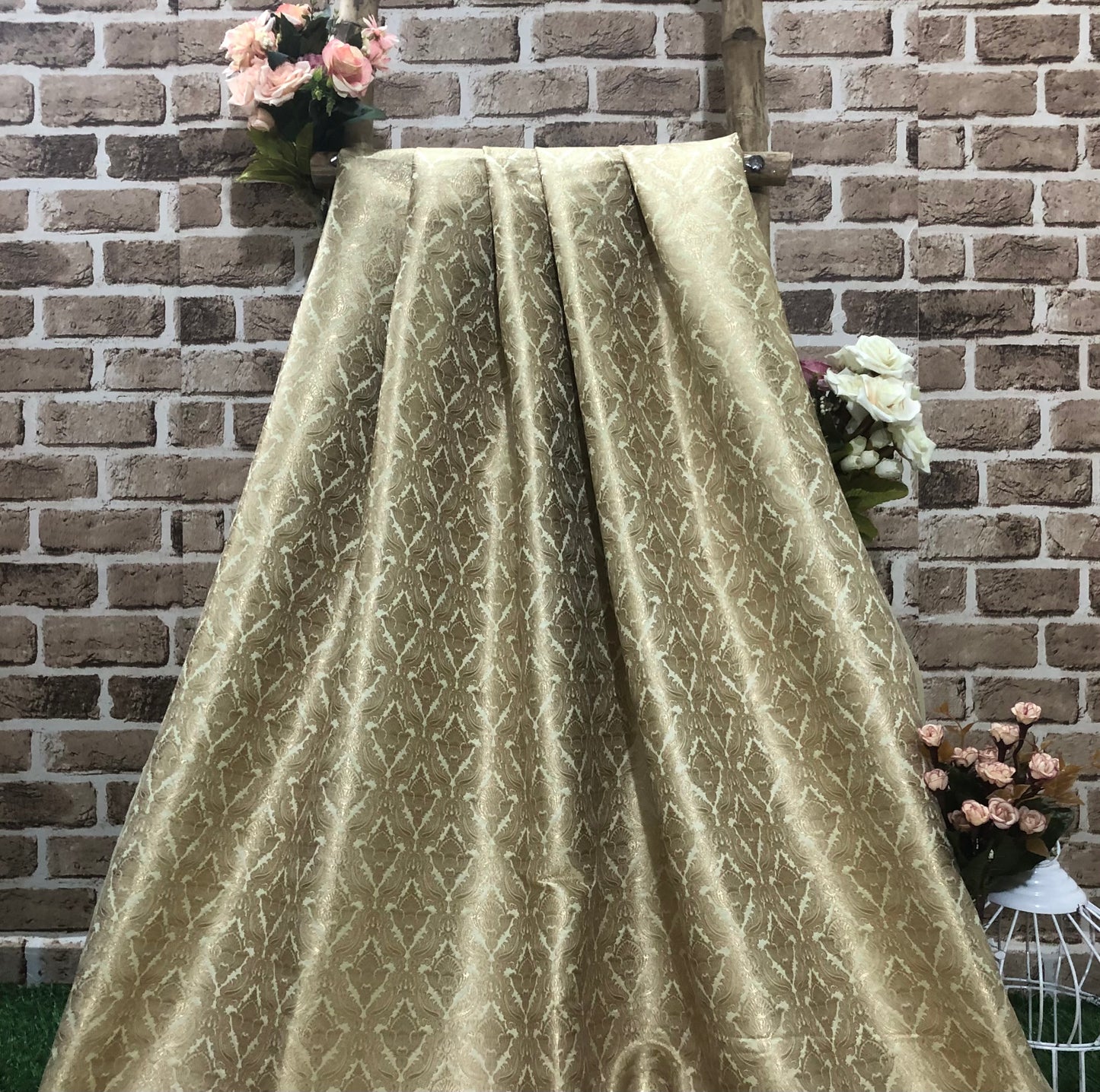 Indian Brocade fabric Sage Green Gold Jacquard fabric Wedding Gold fabric Damask Rayon Silk brocade Upholstery fabric by the yard