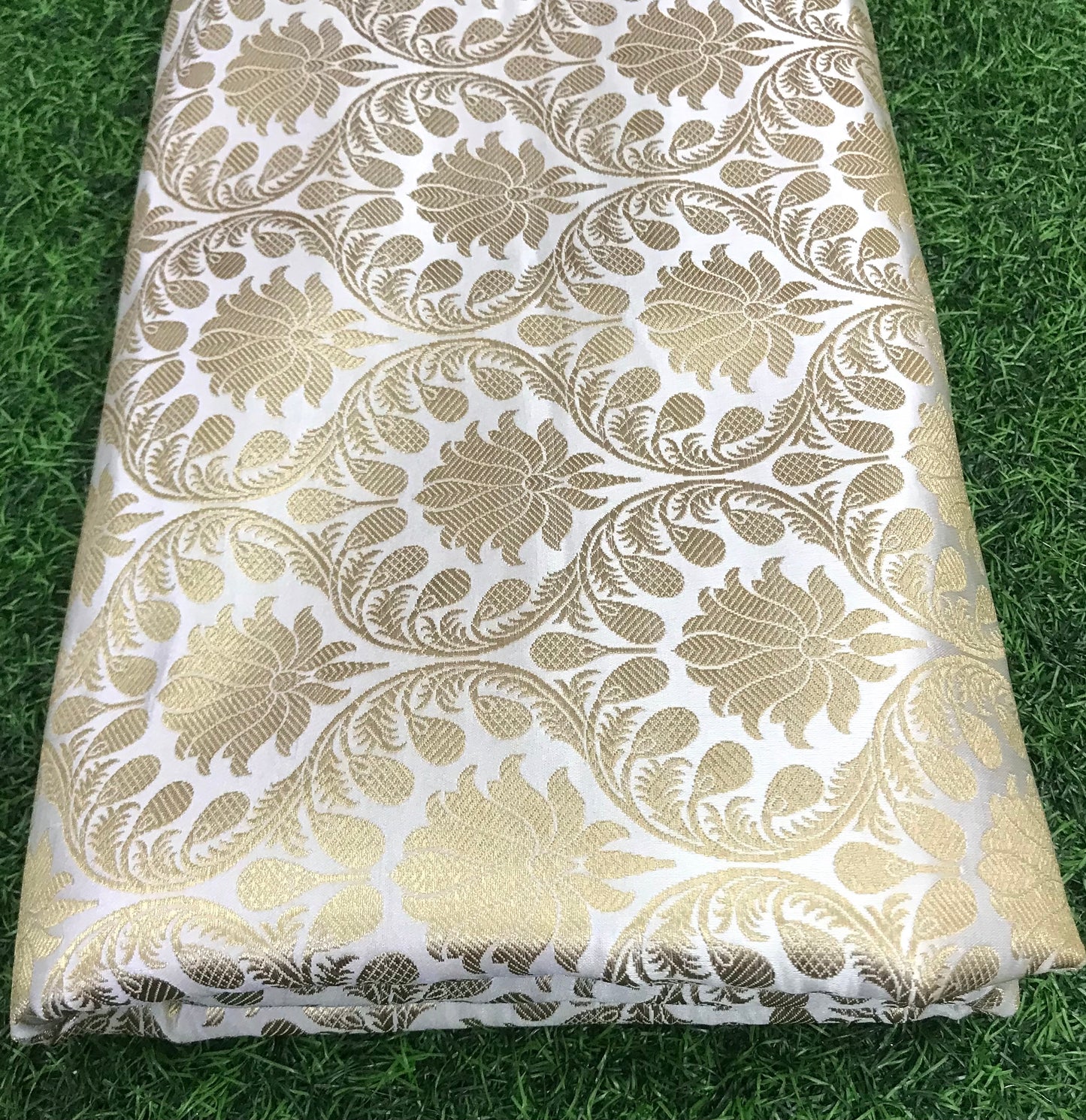 Indian Brocade fabric Jacquard Damask White Gold Wedding Bridal silk brocade Designer Upholstery Decor Brocade fabric by the yard - NFAF623