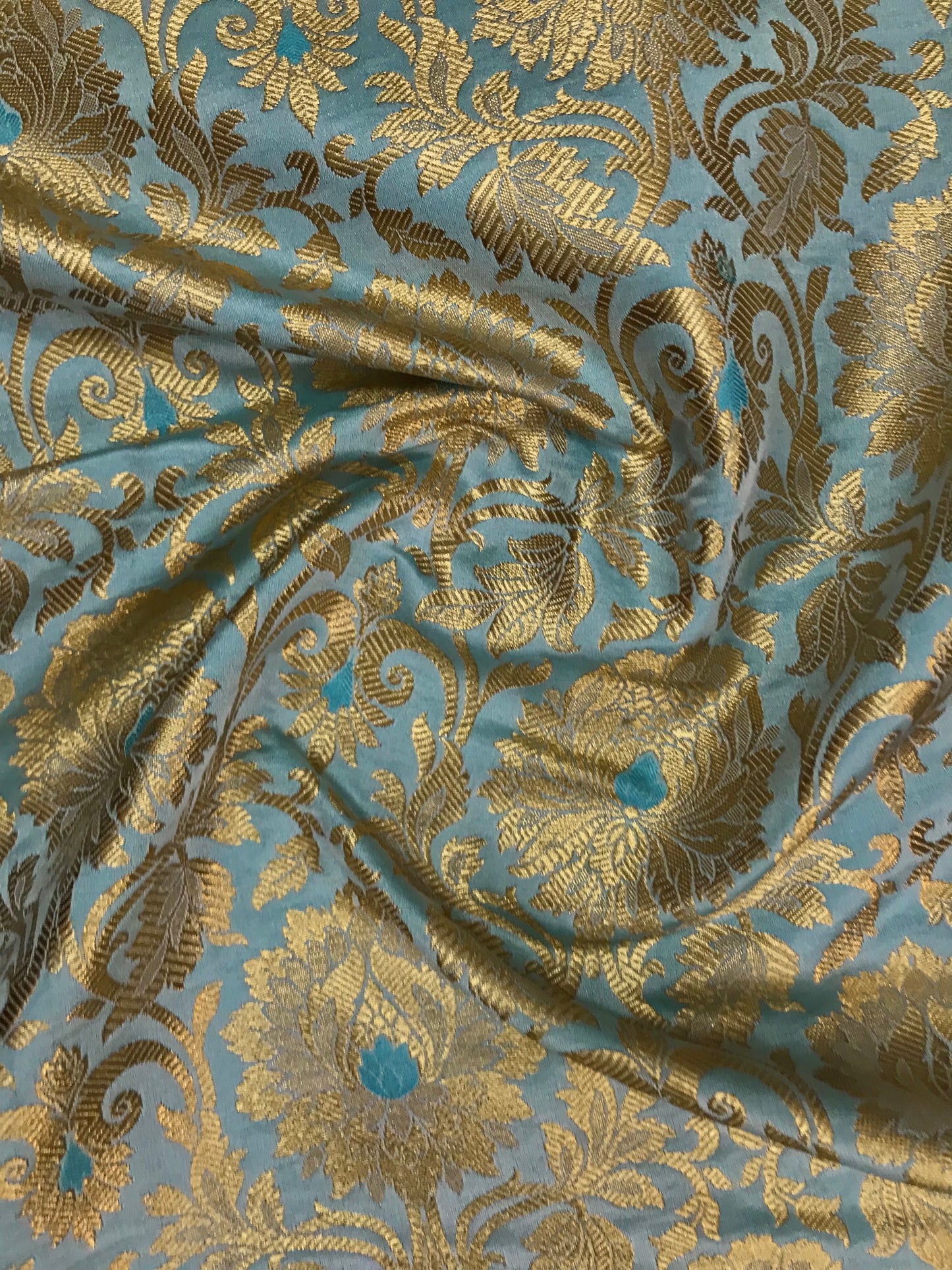 Grayish Blue and Gold jacquard brocade fabric, Flower brocade, Home décor fabric, Metallic brocade, Historical fabric, Theatre costume - NFAF230