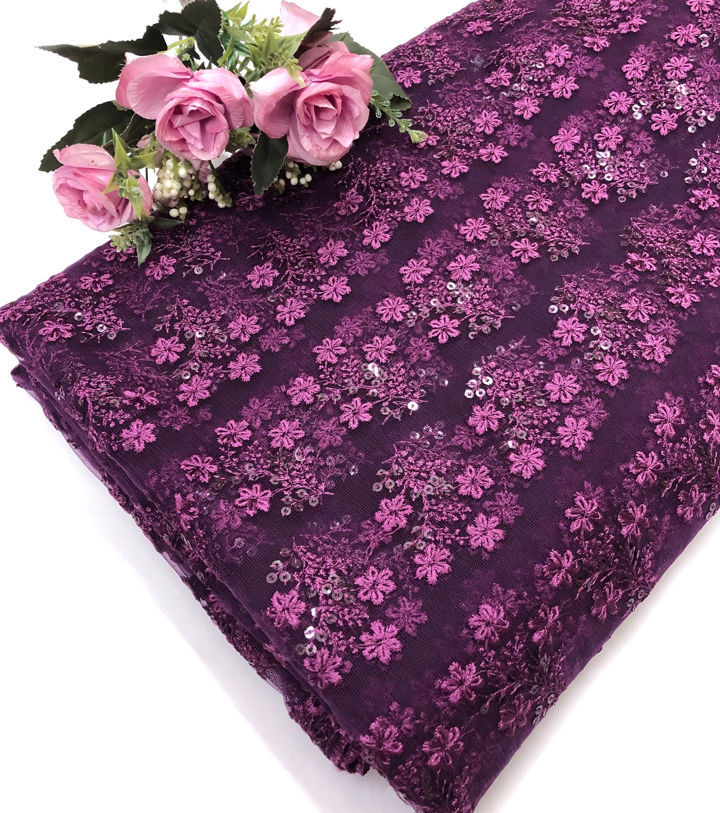 Purple embroidered fabric, Tulle Mesh Fabric, Bridal Wedding Fabric, Bridesmaid dress, Thread embroidery, Luxury fabric, Handmade - NFAF1060