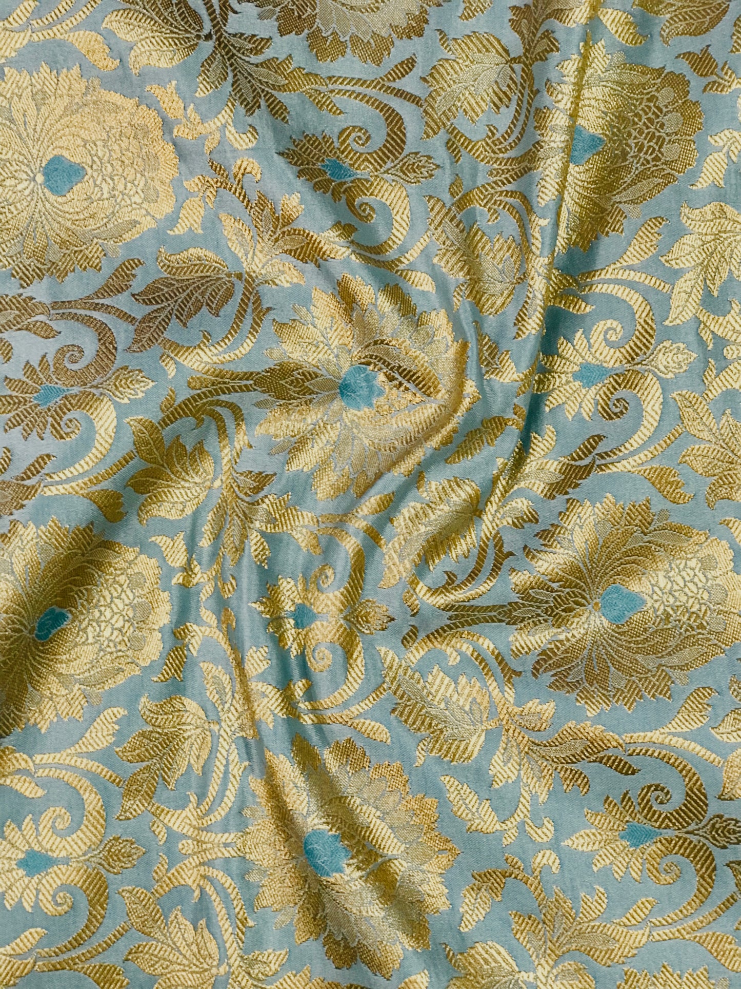 Grayish Blue and Gold jacquard brocade fabric, Flower brocade, Home décor fabric, Metallic brocade, Historical fabric, Theatre costume - NFAF230