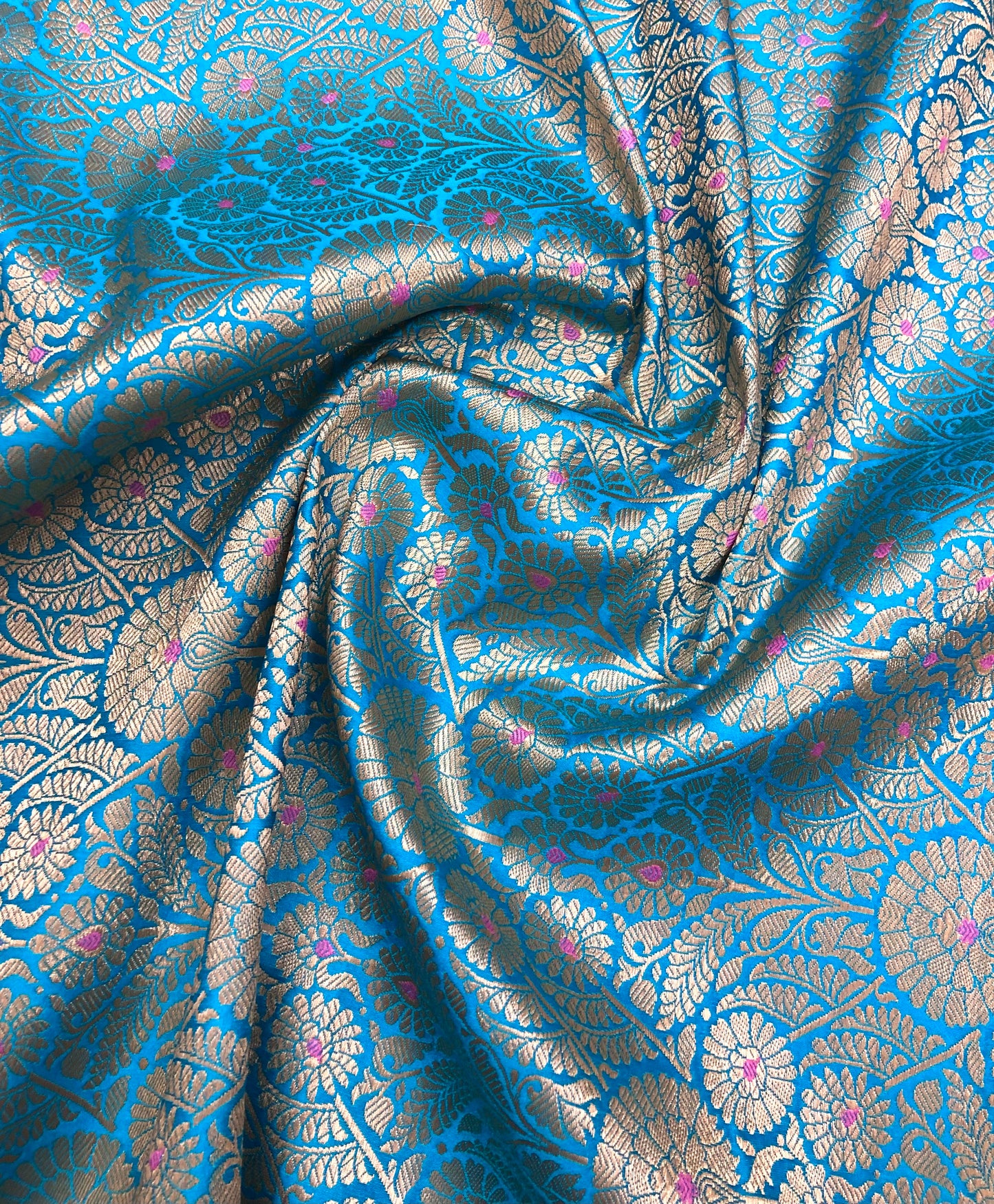 Indian Banarasi Brocade Fabric, Blue Gold Jacquard fabric, Floral brocade, Rayon silk brocade, Fabric by the yard/meter - NFAF1091