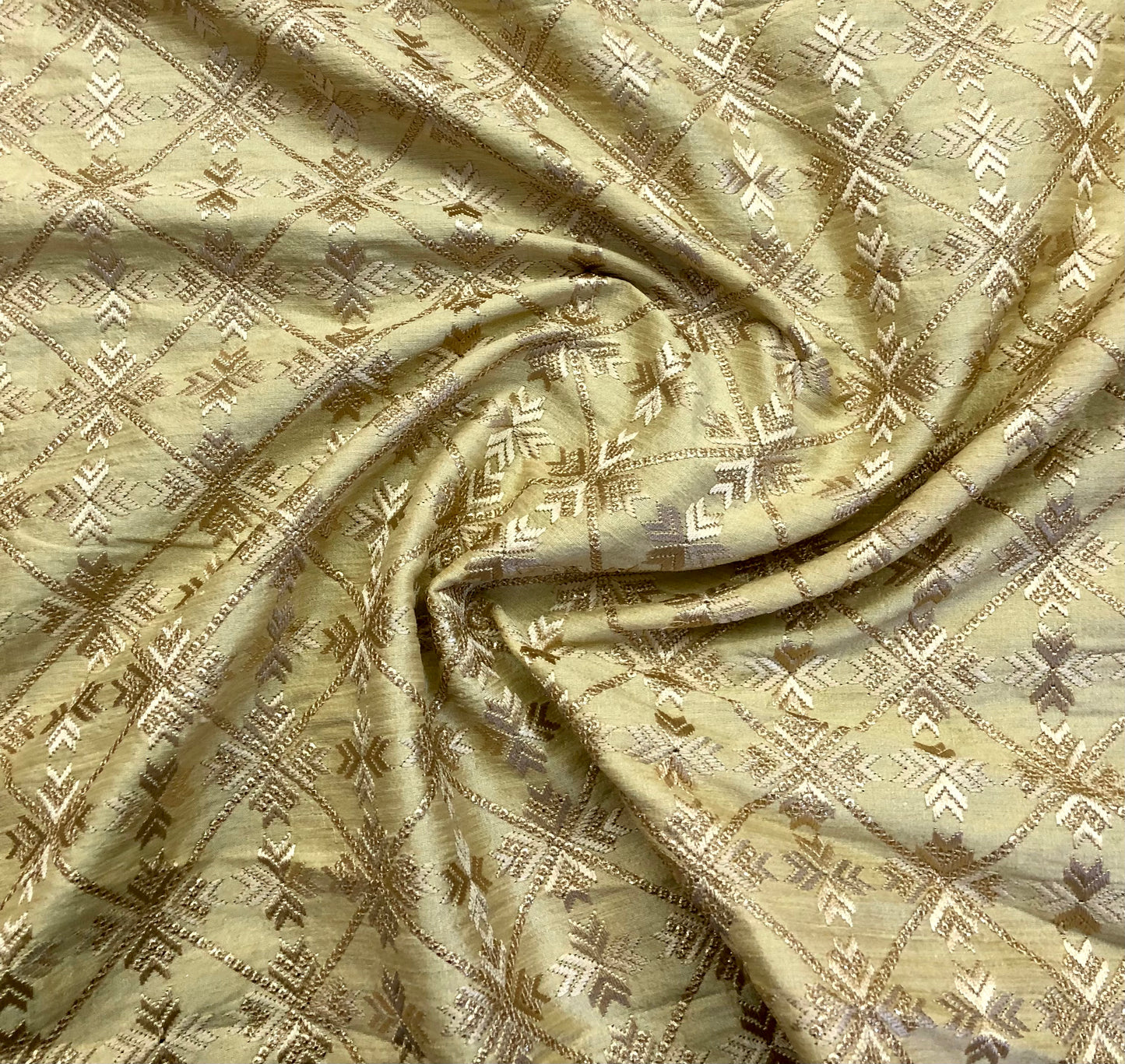 Beige embroidered fabric, Wedding dress, Indian fabric, Thread embroidery, Gold flower, Handmade, Haute couture - NFAF858