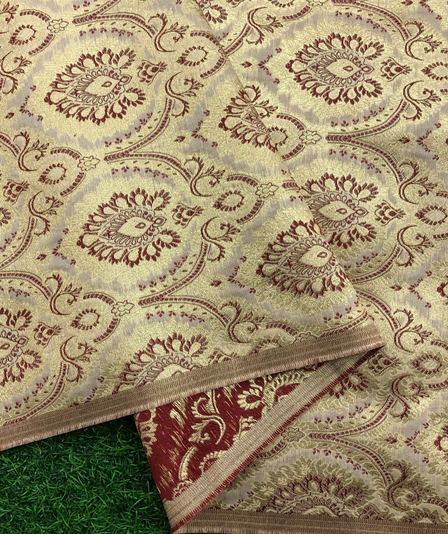 Indian banarasi brocade fabric, Beige maroon damask jacquard brocade fabric, Rayon silk brocade, Historical fabric, Gold fabric - NFAF860