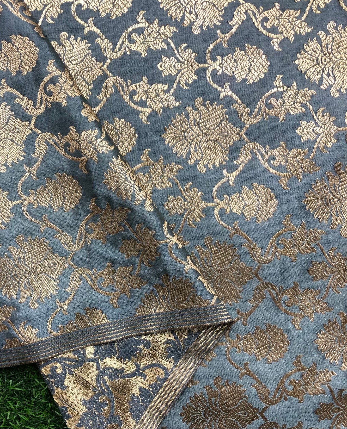 Indian Banarasi Brocade Fabric, Grey and gold Satin brocade fabric, Jacquard fabric, Wedding fabric, Fabric by the yard/meter - NFAF573