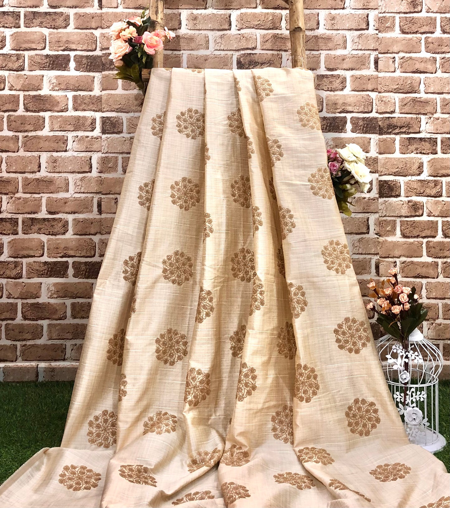 Beige embroidered fabric, Handmade, Gold flower, Fabric store, Luxury fabric, Wedding dress, Bridesmaid dress, Couture fashion - NFAF850