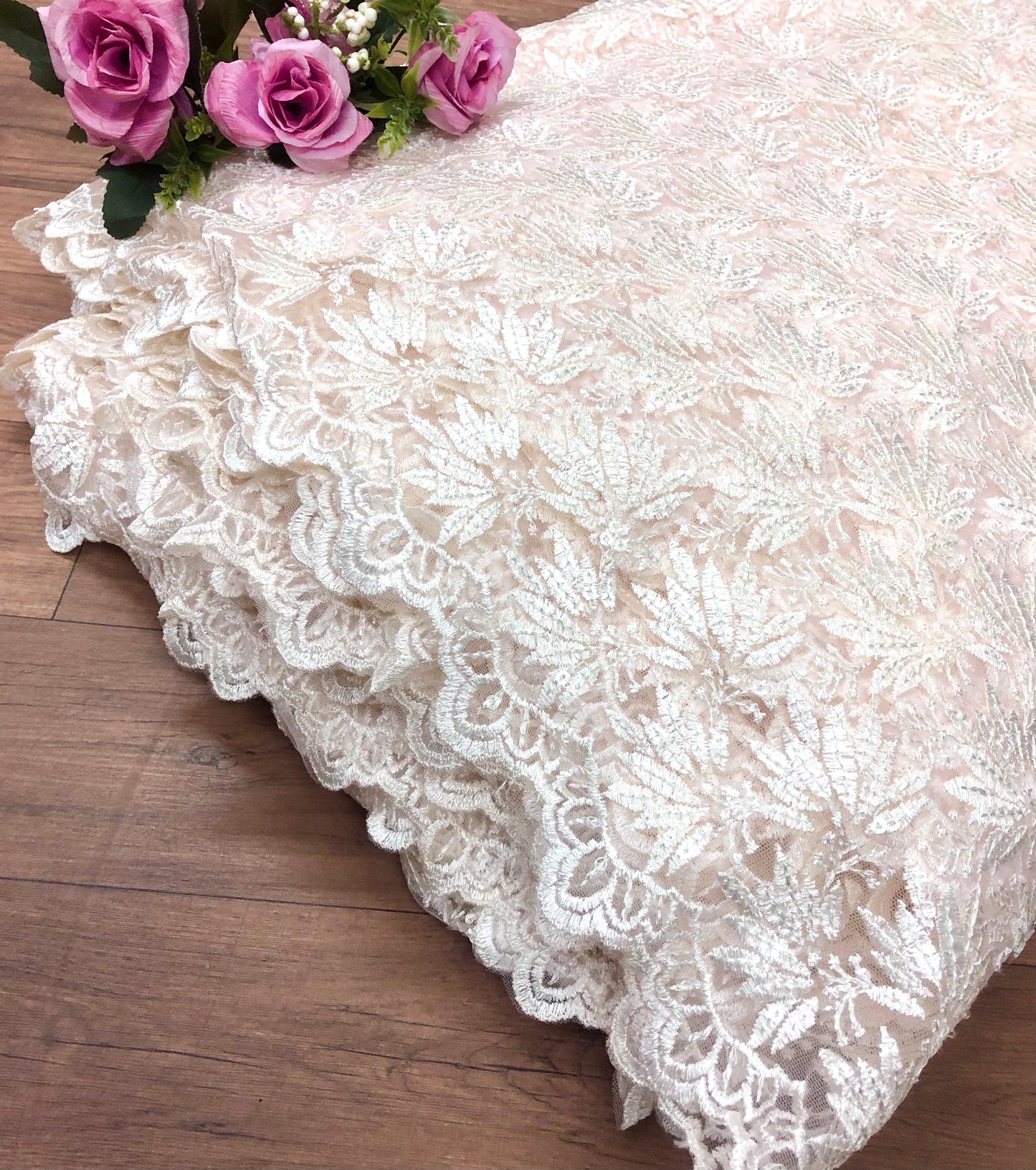 Off white embroidered fabric, Tulle fabric, Wedding dress, Mesh fabric, Floral design, Bridesmaid dress, Vintage fabric, Indian fabric - NFAF1063