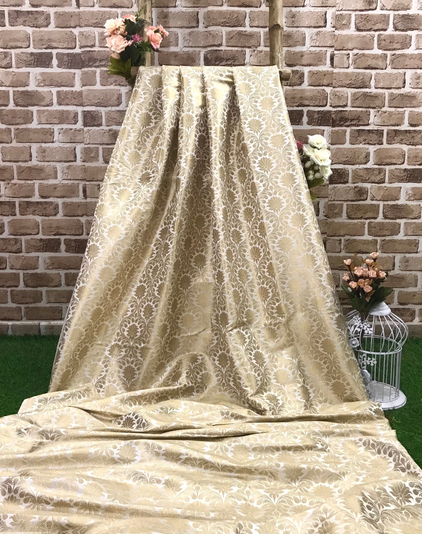 Indian Brocade fabric Jacquard Damask White Gold Wedding Bridal silk brocade Designer Upholstery Decor Brocade fabric by the yard - NFAF623