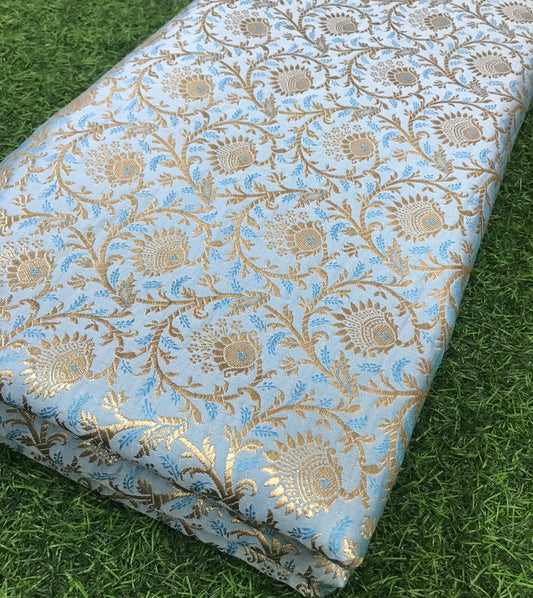 Brocade fabric Jacquard Damask Luxury Wedding Bridal fabric Blue Gold Brocade Lehenga Indian Home decor Fabric by the yard meter.