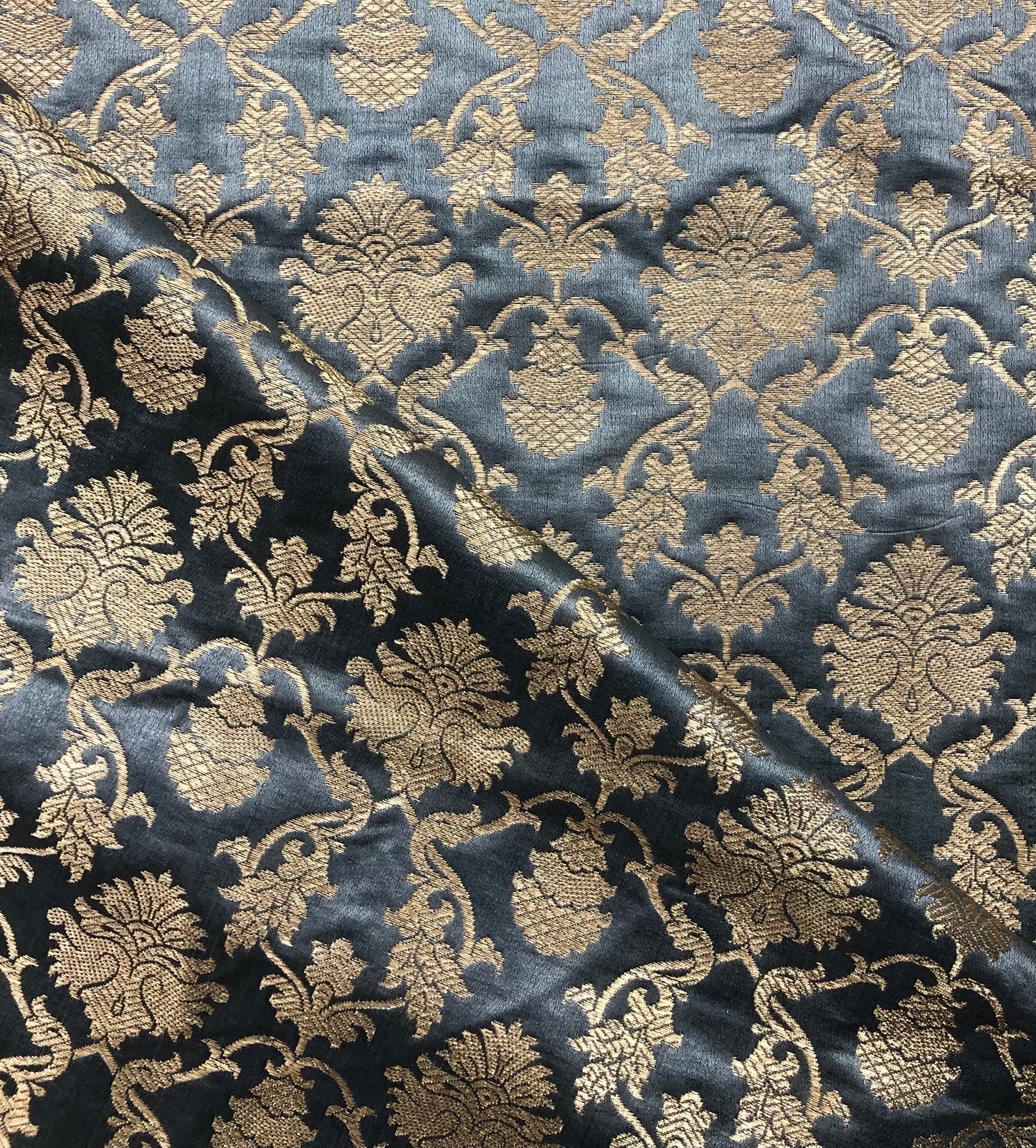 Indian Banarasi Brocade Fabric, Grey and gold Satin brocade fabric, Jacquard fabric, Wedding fabric, Fabric by the yard/meter - NFAF573
