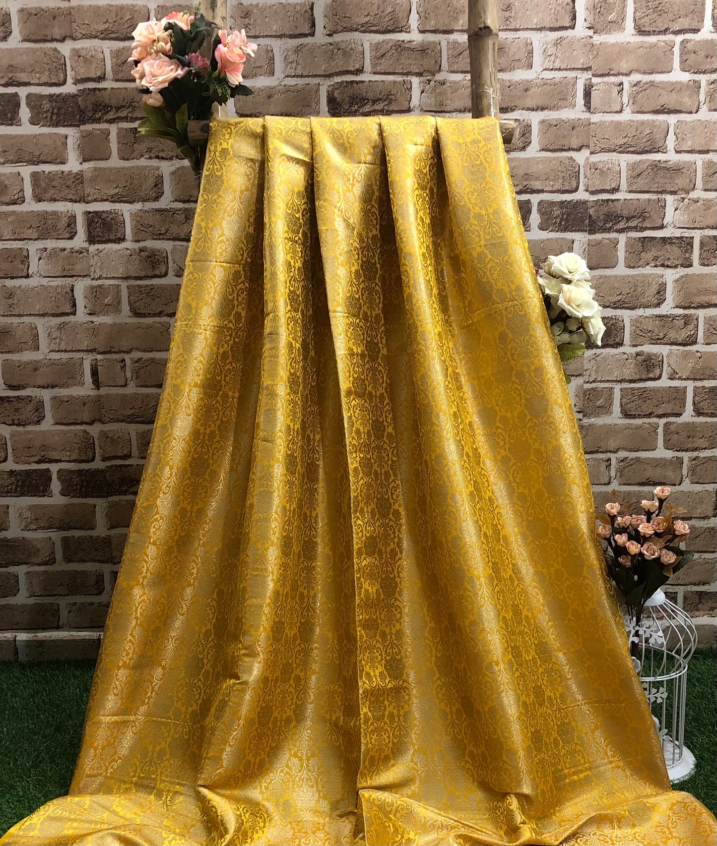 Banarasi Brocade Fabric Yellow Gold Jcquard Damask Fabric Home décor Fabric Designer Brocade Bridal Corset Fabric by the yard- NFAF530