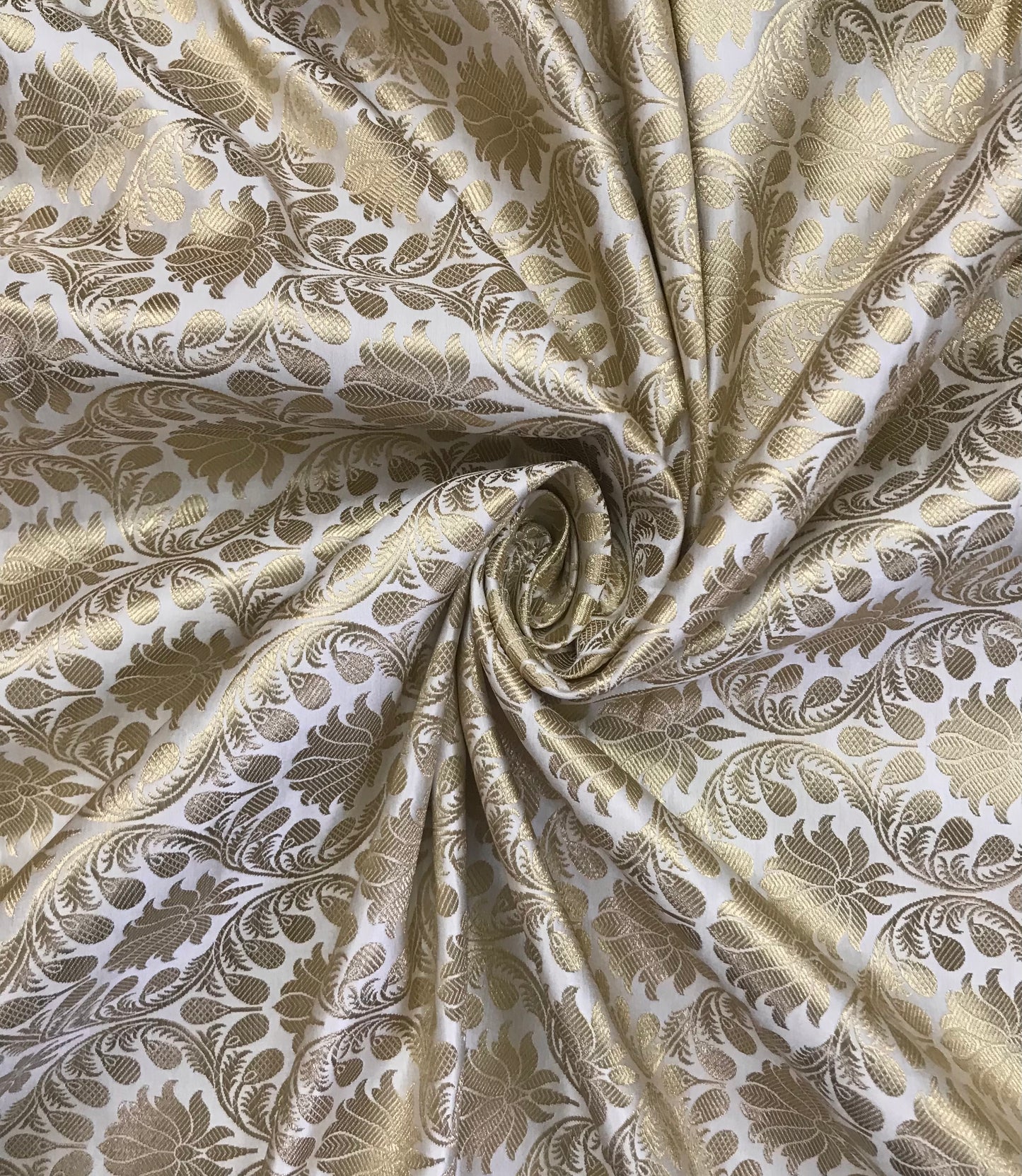 Indian Brocade fabric Jacquard Damask White Gold Wedding Bridal silk brocade Designer Upholstery Decor Brocade fabric by the yard - NFAF623