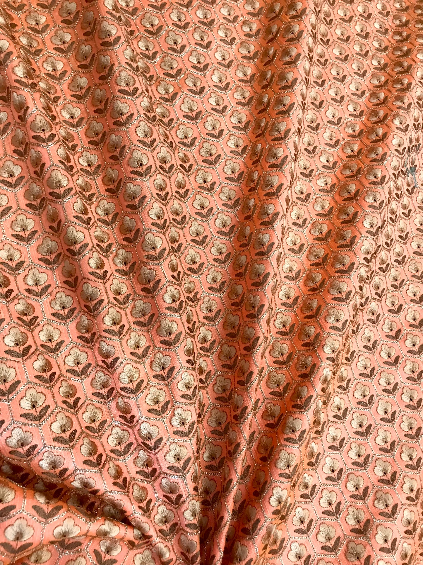 Orange embroidered fabric, Wedding dress, Vintage fabric, Bridesmaid dress, Thread embroidery, Fashion fabric, Handmade - NFAF826