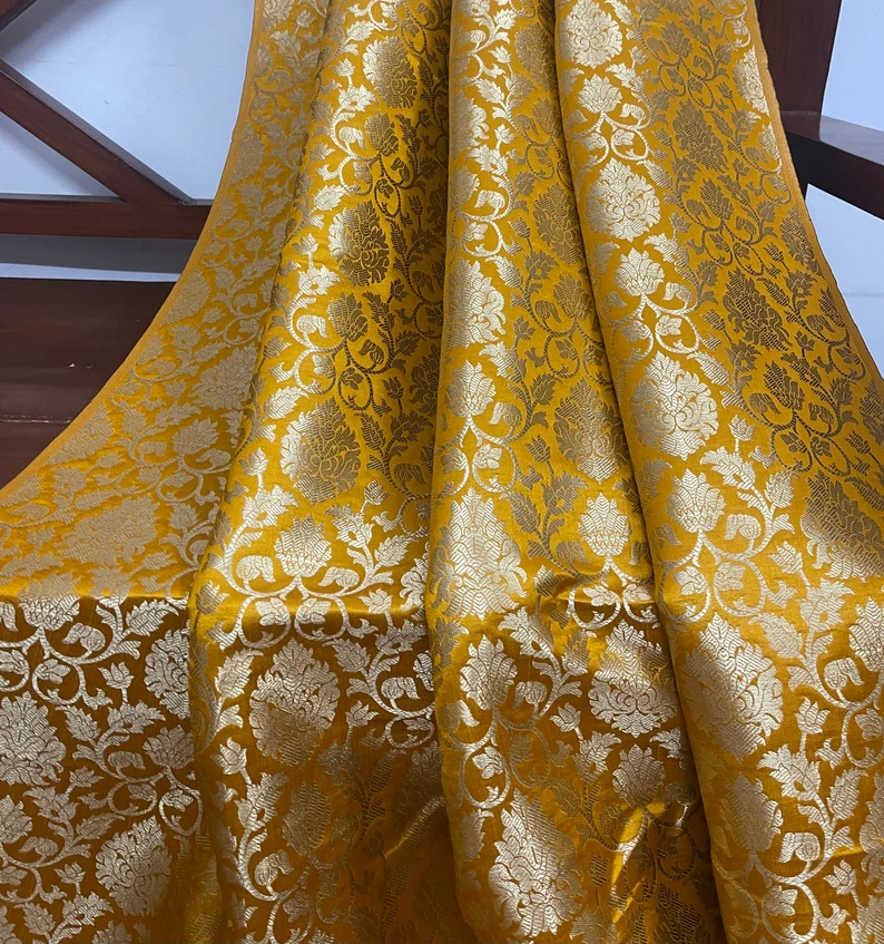 Brocade fabric Jacquard damask fabric Yellow Gold Dress Wedding bridal Lehenga fabric Brocade dress Fabric Upholstery fabric by the yard