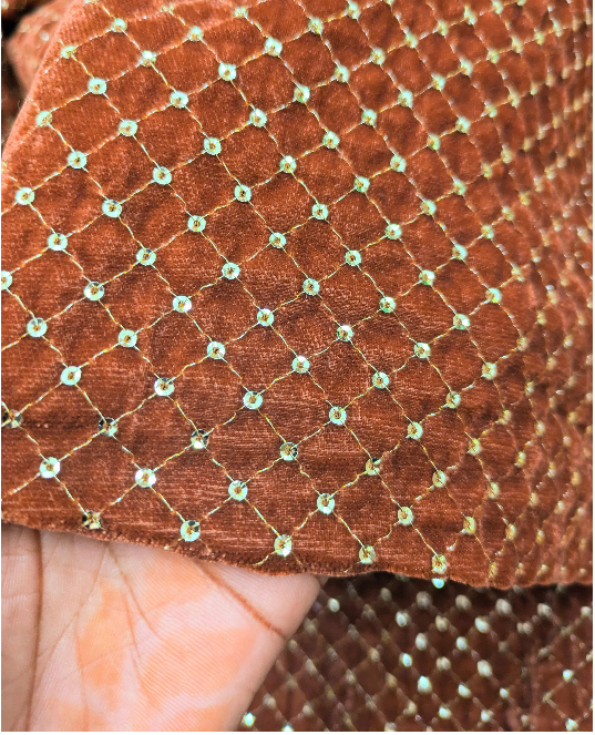 Rust & Gold embroidered velvet fabric, Stretch fabric, Haute couture, Embroidery design, Luxury fabric, Bridesmaid dress - VLTF24