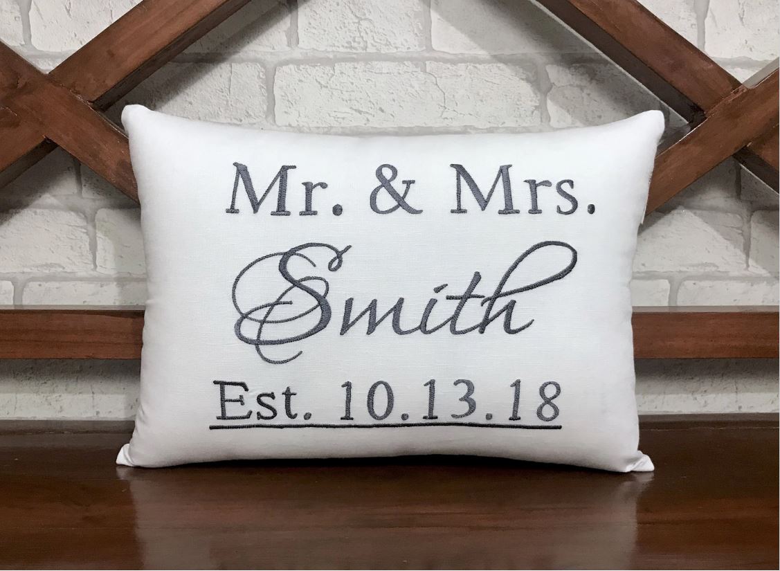 Mr and Mrs Couple Name and Date Pillow, Wedding Gift, Anniversary Gift, Birthday Gift, Newlywed Engagement Gift, Bridal Shower Gift.
