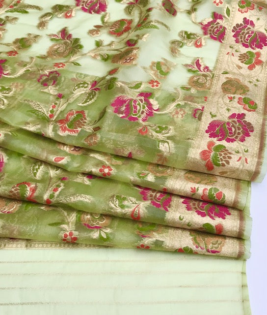 Organza Banarasi Dupatta for Women Stole Scarf Shawl Abaya Chunari Veil Indian Fashion Chunni Gold Border Lace Festival wear - DP010