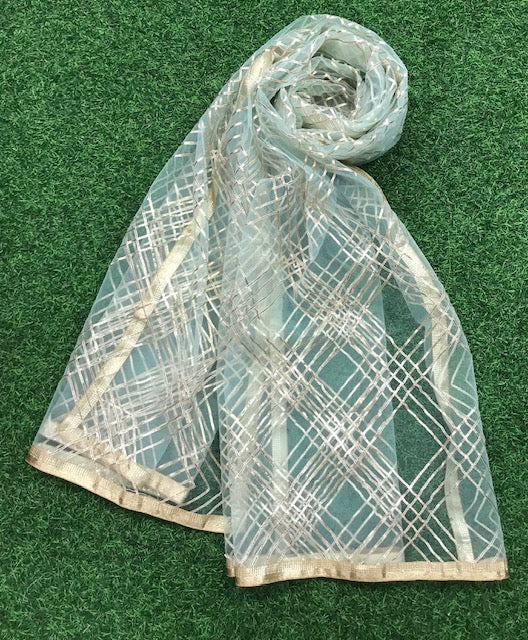 Sea Green Net Dupatta with Gold Lace embroidery, Indian stole for women, Tulle fabric, Scarf, Shawl, Wedding Bridal Veil DP013