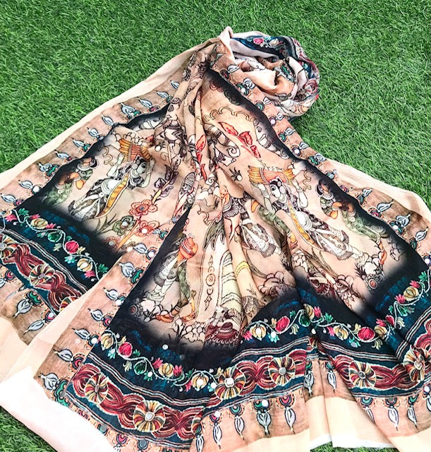 Kalamkari Indian Dupatta for Women, Stole, Scarf, Shawl, abaya, Embroidered Indian Chunni, DP2011