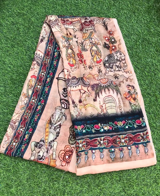 Kalamkari Indian Dupatta for Women, Stole, Scarf, Shawl, abaya, Embroidered Indian Chunni, DP2011