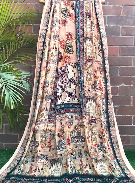 Kalamkari Indian Dupatta for Women, Stole, Scarf, Shawl, abaya, Embroidered Indian Chunni, DP2011