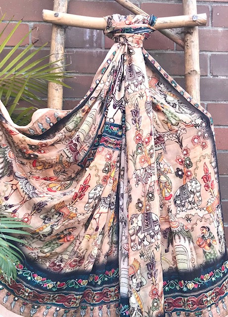 Kalamkari Indian Dupatta for Women, Stole, Scarf, Shawl, abaya, Embroidered Indian Chunni, DP2011