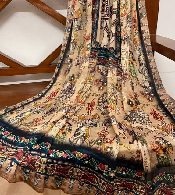 Kalamkari Indian Dupatta for Women, Stole, Scarf, Shawl, abaya, Embroidered Indian Chunni, DP2011