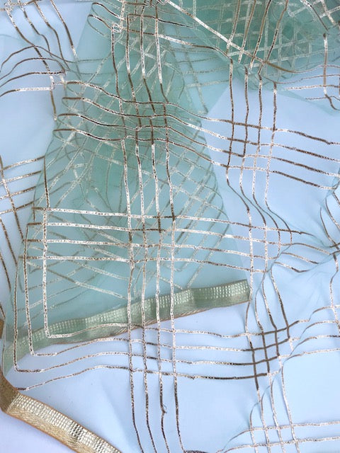 Sea Green Net Dupatta with Gold Lace embroidery, Indian stole for women, Tulle fabric, Scarf, Shawl, Wedding Bridal Veil DP013