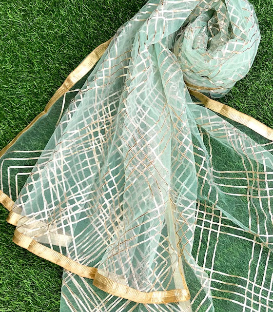 Sea Green Net Dupatta with Gold Lace embroidery, Indian stole for women, Tulle fabric, Scarf, Shawl, Wedding Bridal Veil DP013