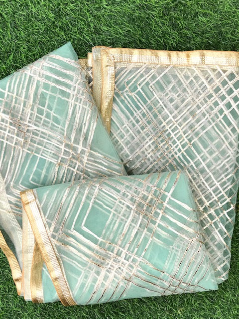 Sea Green Net Dupatta with Gold Lace embroidery, Indian stole for women, Tulle fabric, Scarf, Shawl, Wedding Bridal Veil DP013