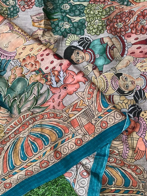 Kalamkari Chinon Chiffon Indian Dupatta for Women, Stole, Scarf, Shawl, abaya, Embroidered Indian Chunni, DP20