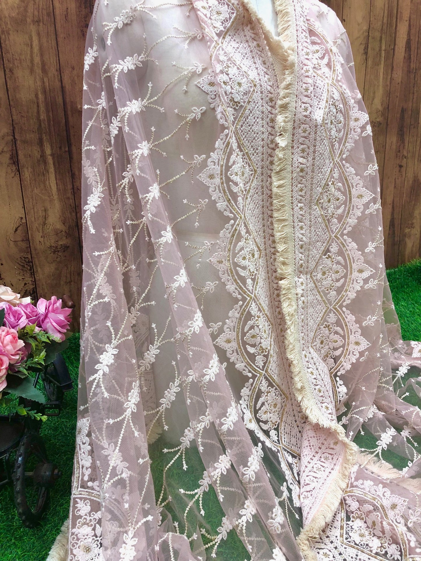 Lilac Embroidered Net Dupatta, Tulle Fabric, Chikankari Indian Stole, Shawl, Scarf for Women, Bridal Wedding Fabric, Veil, DP2011