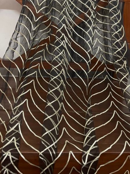 Black gota patti embroidered fabric, Wedding dress fabric, Net tulle fabric, Royal fabric, Gold fabric, Indian fabric - NFAF1026