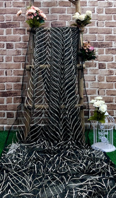 Black gota patti embroidered fabric, Wedding dress fabric, Net tulle fabric, Royal fabric, Gold fabric, Indian fabric - NFAF1026