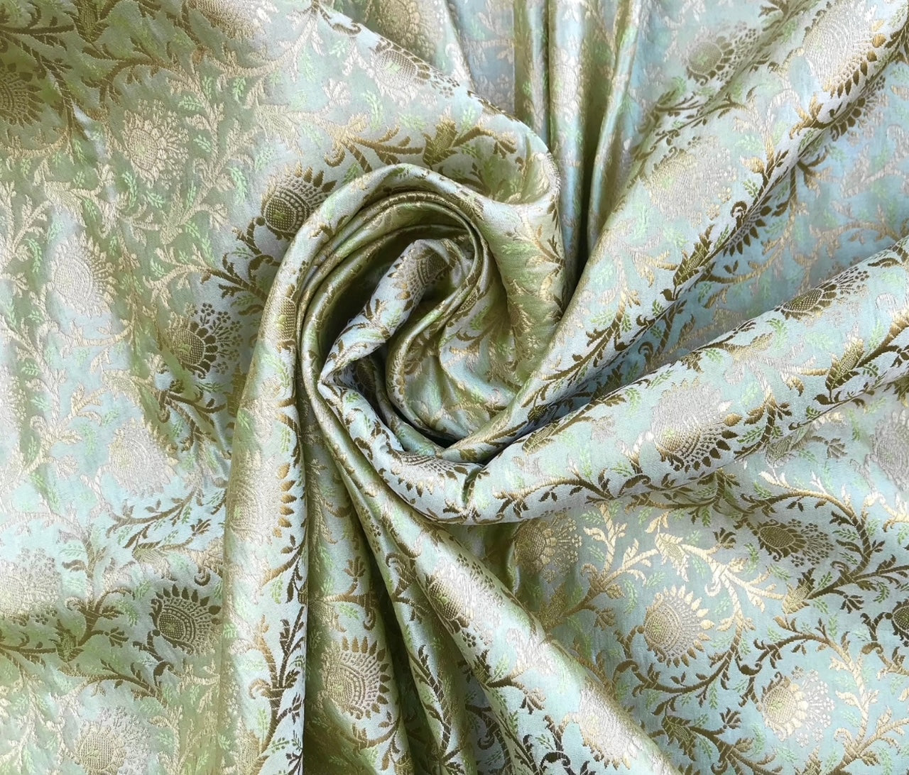 Brocade Fabric Jacquard Damask fabric Sage green Gold Floral brocade Wedding Designer Dress fabric Upholstery Home Decor Fabric by yard