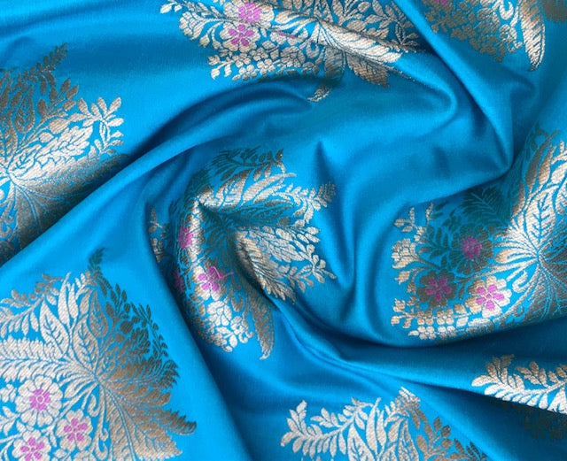 Blue Gold jacquard brocade fabric, Metallic brocade, Satin brocade, Renaissance fabric, Designer fabric, Historical fabric, Floral brocade - NFAF1098