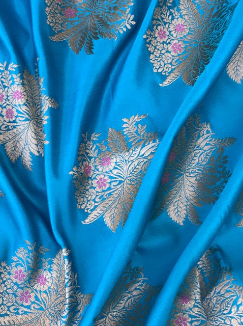 Blue Gold jacquard brocade fabric, Metallic brocade, Satin brocade, Renaissance fabric, Designer fabric, Historical fabric, Floral brocade - NFAF1098
